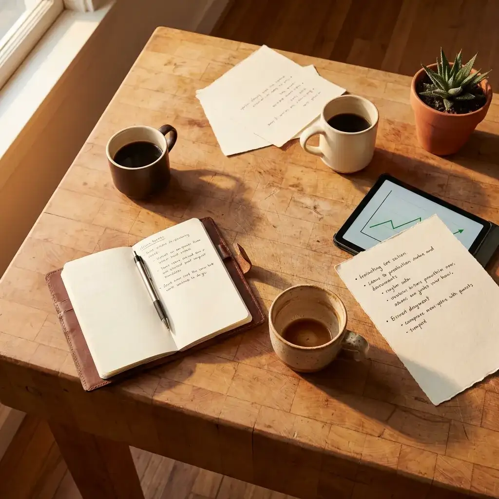 Overhead view of a working session table with notebooks, coffee, and collaboration artifacts
