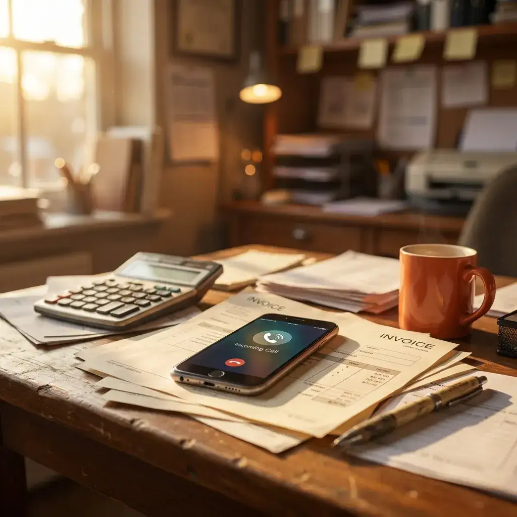 Phone ringing on a small business desk with invoices and coffee, nobody picking up