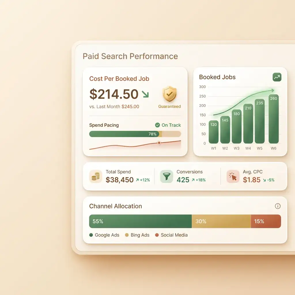 Google Ads dashboard showing cost per booked job, spend pacing, and booked-jobs trend