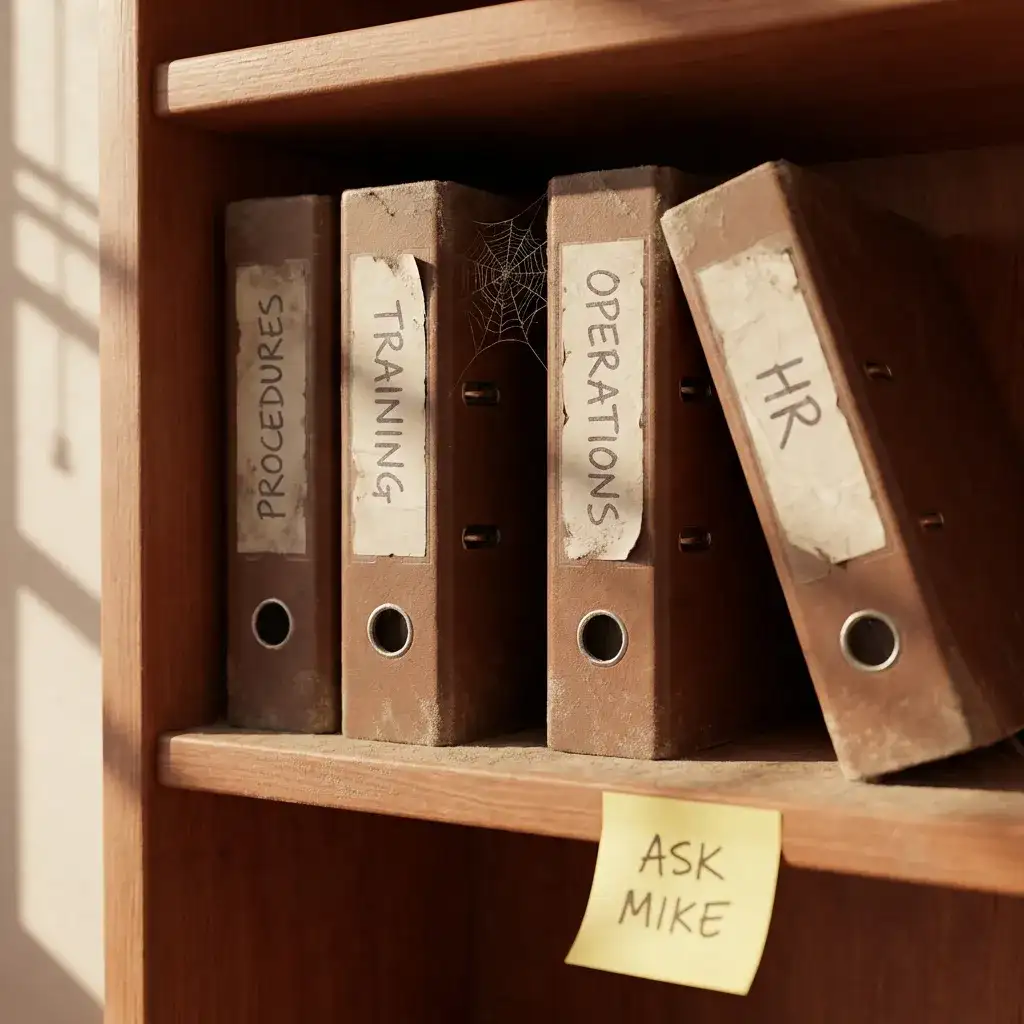 Dusty binders on a shelf labeled Procedures and Training with a sticky note that says Ask Mike