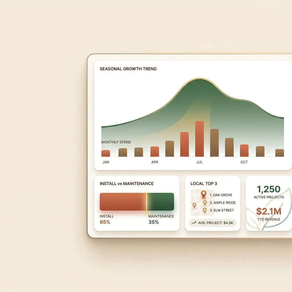 Landscaping marketing dashboard showing a seasonal demand curve, install vs. maintenance split, and local rankings