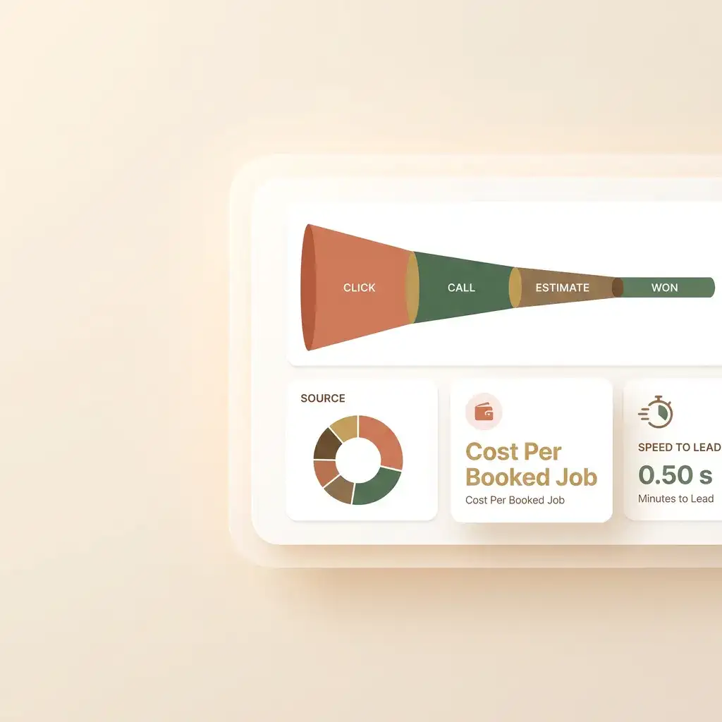 Lead-attribution dashboard showing a click-to-call-to-booked-to-won funnel, lead sources, and speed-to-lead
