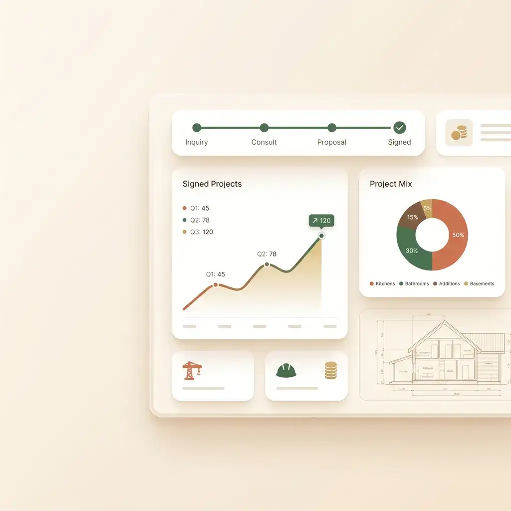 Remodeling marketing dashboard showing an inquiry-to-signed pipeline, signed projects, and project mix