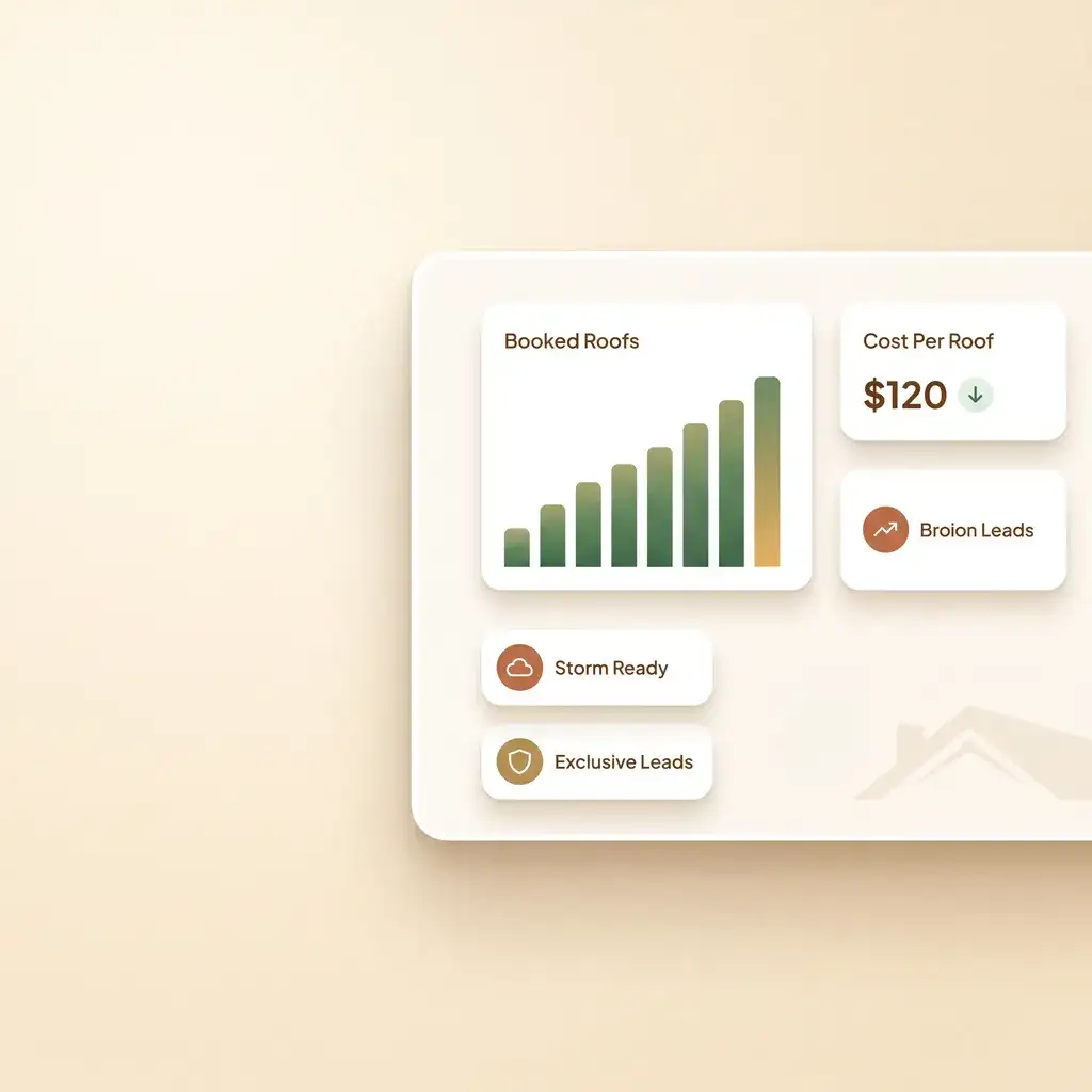 Roofing marketing dashboard showing booked roofs, cost per roof, storm-readiness, and exclusive leads