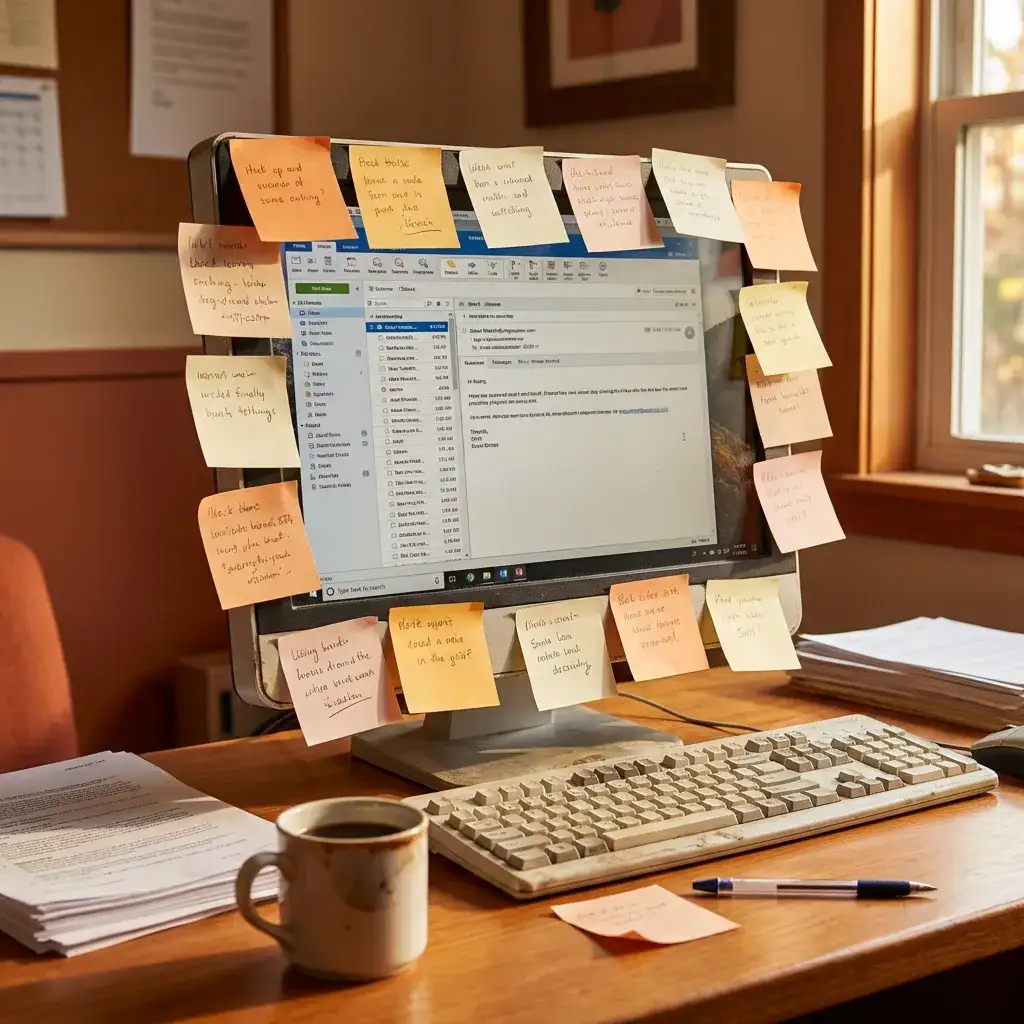 Desktop monitor covered in sticky notes with an overflowing email inbox behind them
